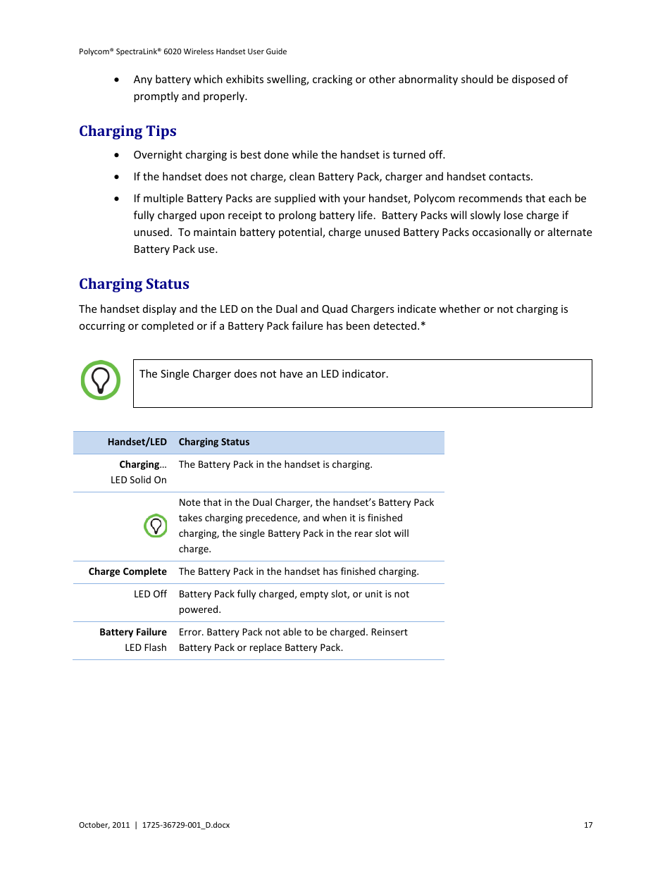 Charging tips, Charging status, Charging tips charging status | Polycom SpectraLink 1725-36092-001 User Manual | Page 17 / 38