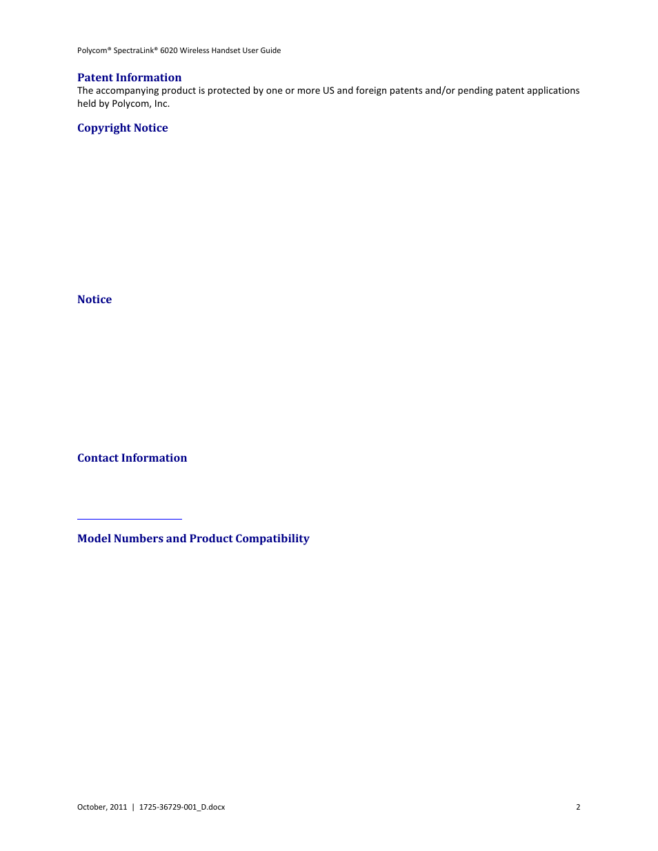 Patent information, Copyright notice, Notice | Contact information, Model numbers and product compatibility | Polycom SpectraLink 1725-36092-001 User Manual | Page 2 / 38