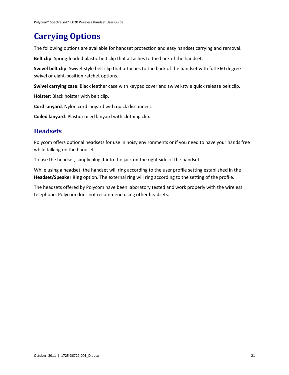 Carrying options, Headsets | Polycom SpectraLink 1725-36092-001 User Manual | Page 21 / 38