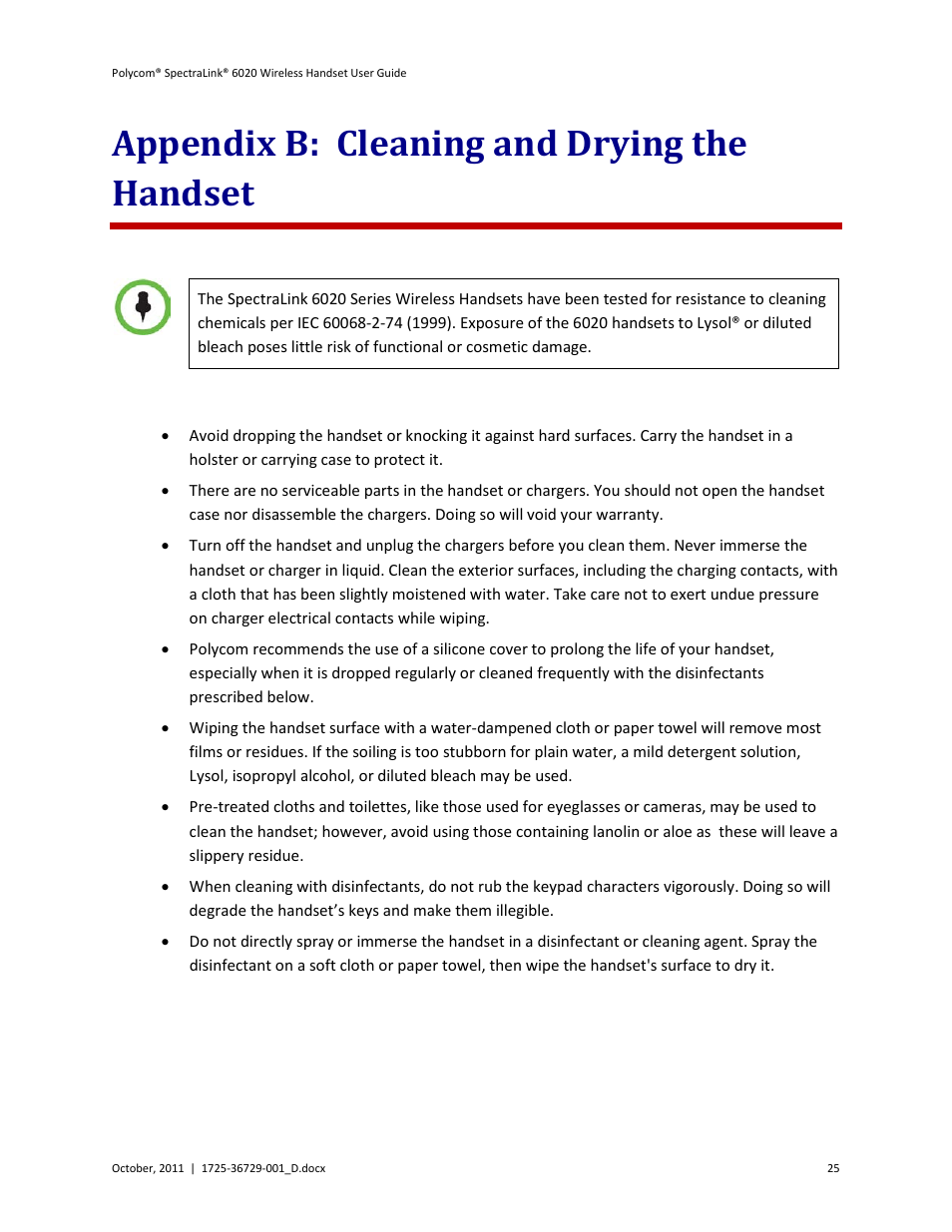 Appendix b: cleaning and drying the handset | Polycom SpectraLink 1725-36092-001 User Manual | Page 25 / 38