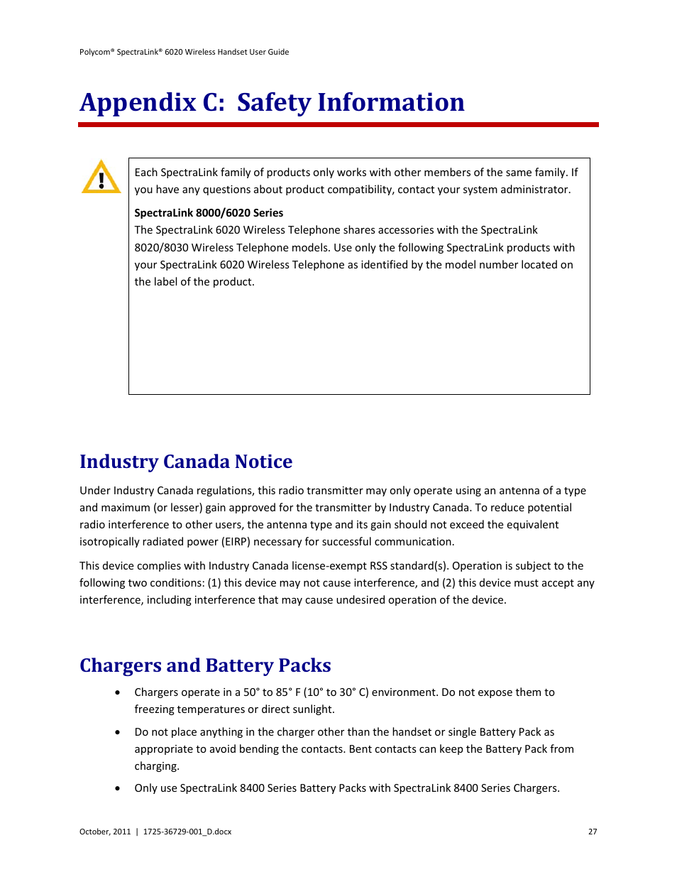 Appendix c: safety information, Industry canada notice, Chargers and battery packs | Industry canada notice chargers and battery packs | Polycom SpectraLink 1725-36092-001 User Manual | Page 27 / 38