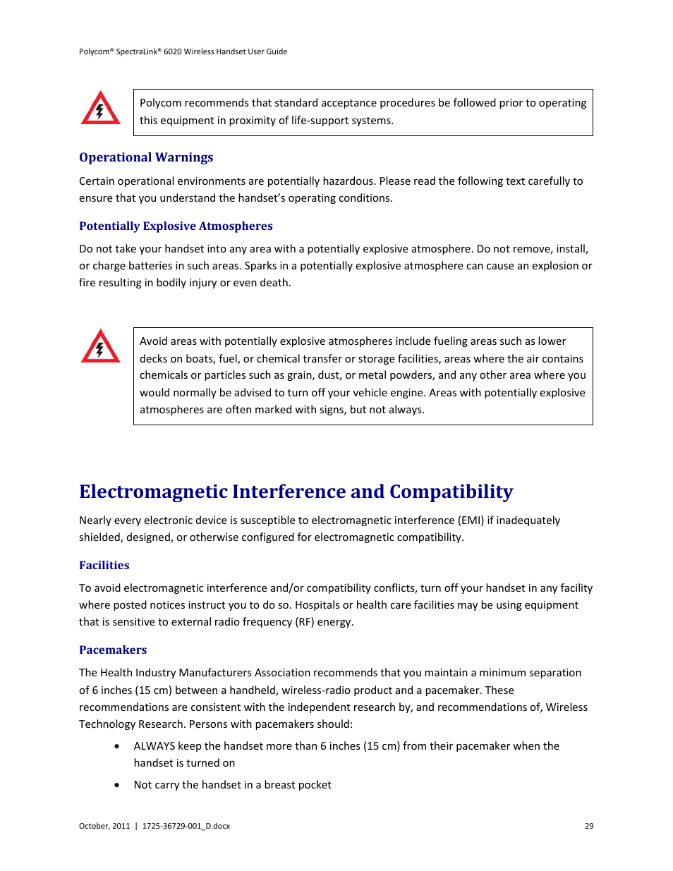 Operational warnings, Potentially explosive atmospheres, Electromagnetic interference and compatibility | Facilities, Pacemakers | Polycom SpectraLink 1725-36092-001 User Manual | Page 29 / 38