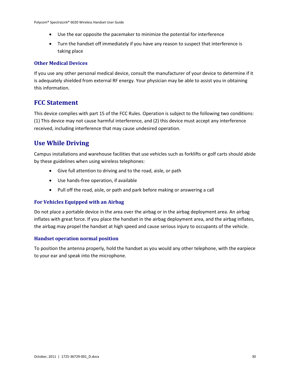 Other medical devices, Fcc statement, Use while driving | For vehicles equipped with an airbag, Handset operation normal position, Fcc statement use while driving | Polycom SpectraLink 1725-36092-001 User Manual | Page 30 / 38