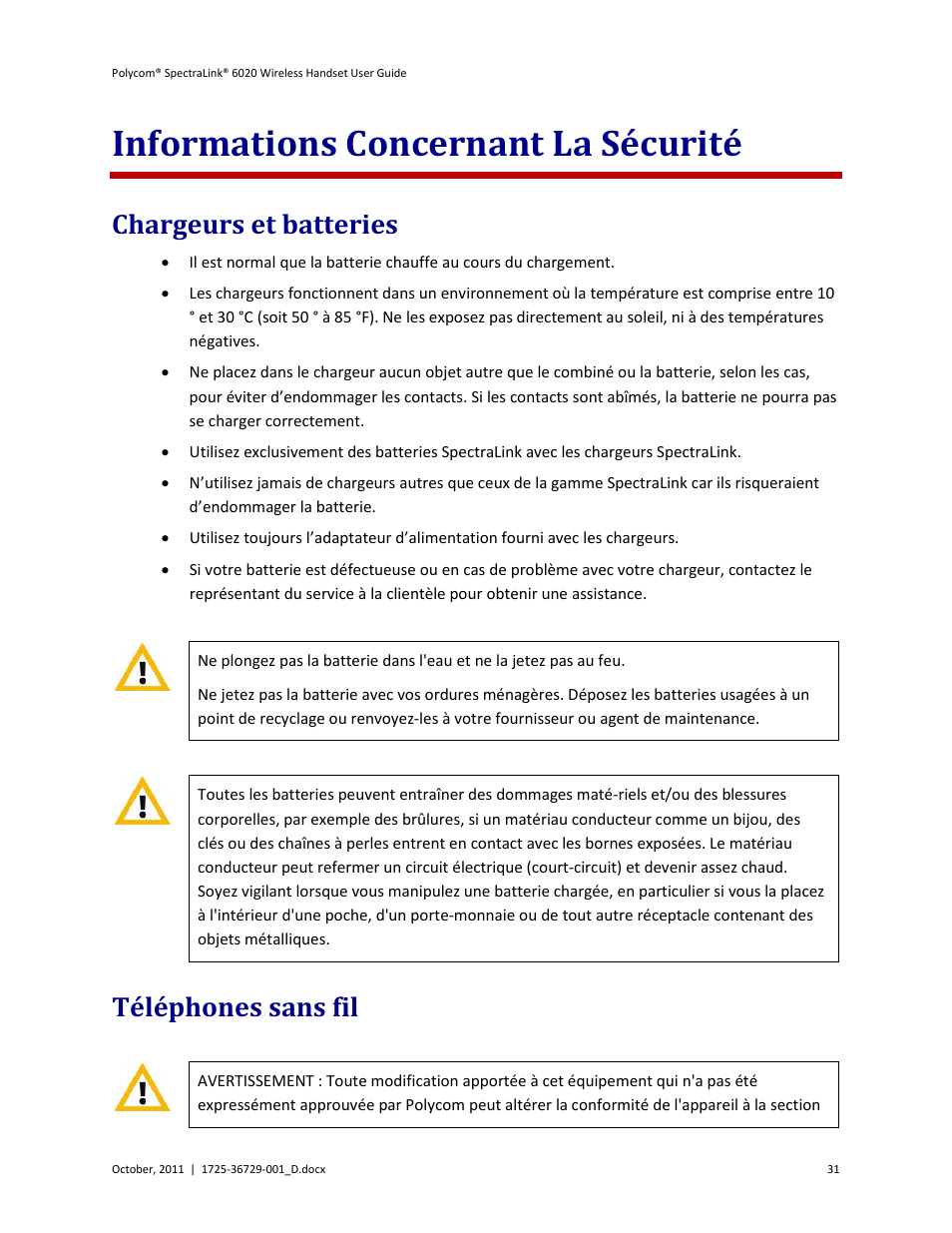 Informations concernant la sécurité, Chargeurs et batteries, Téléphones sans fil | Chargeurs et batteries téléphones sans fil | Polycom SpectraLink 1725-36092-001 User Manual | Page 31 / 38