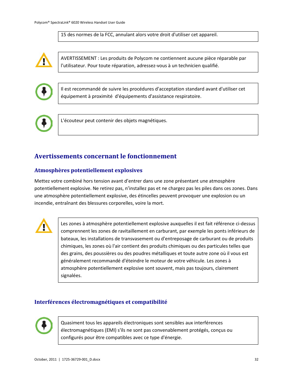 Avertissements concernant le fonctionnement, Atmosphères potentiellement explosives, Interférences électromagnétiques et compatibilité | Polycom SpectraLink 1725-36092-001 User Manual | Page 32 / 38