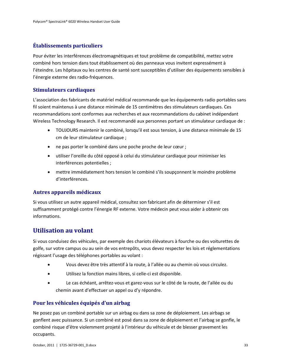 Établissements particuliers, Stimulateurs cardiaques, Autres appareils médicaux | Utilisation au volant, Pour les véhicules équipés d'un airbag | Polycom SpectraLink 1725-36092-001 User Manual | Page 33 / 38