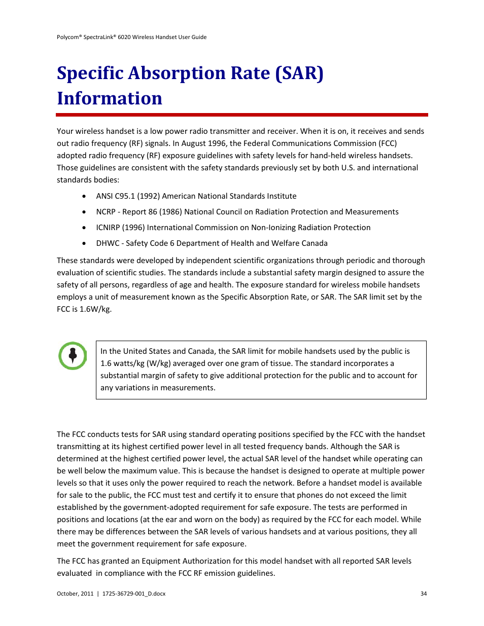 Specific absorption rate (sar) information | Polycom SpectraLink 1725-36092-001 User Manual | Page 34 / 38