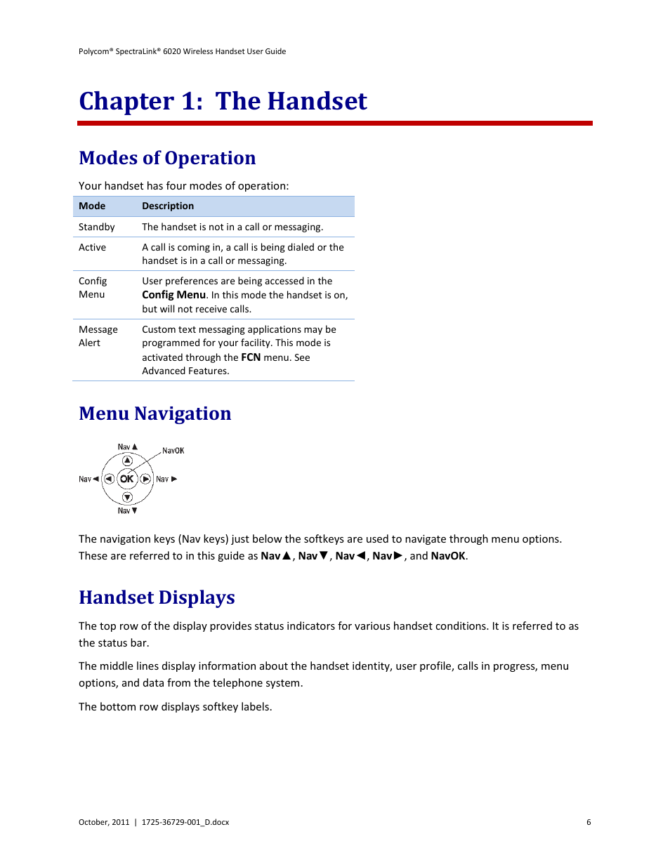 Chapter 1: the handset, Modes of operation, Menu navigation | Handset displays | Polycom SpectraLink 1725-36092-001 User Manual | Page 6 / 38