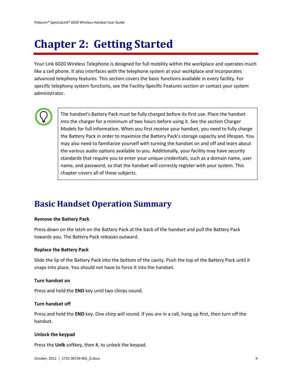 Chapter 2: getting started, Basic handset operation summary | Polycom SpectraLink 1725-36092-001 User Manual | Page 9 / 38