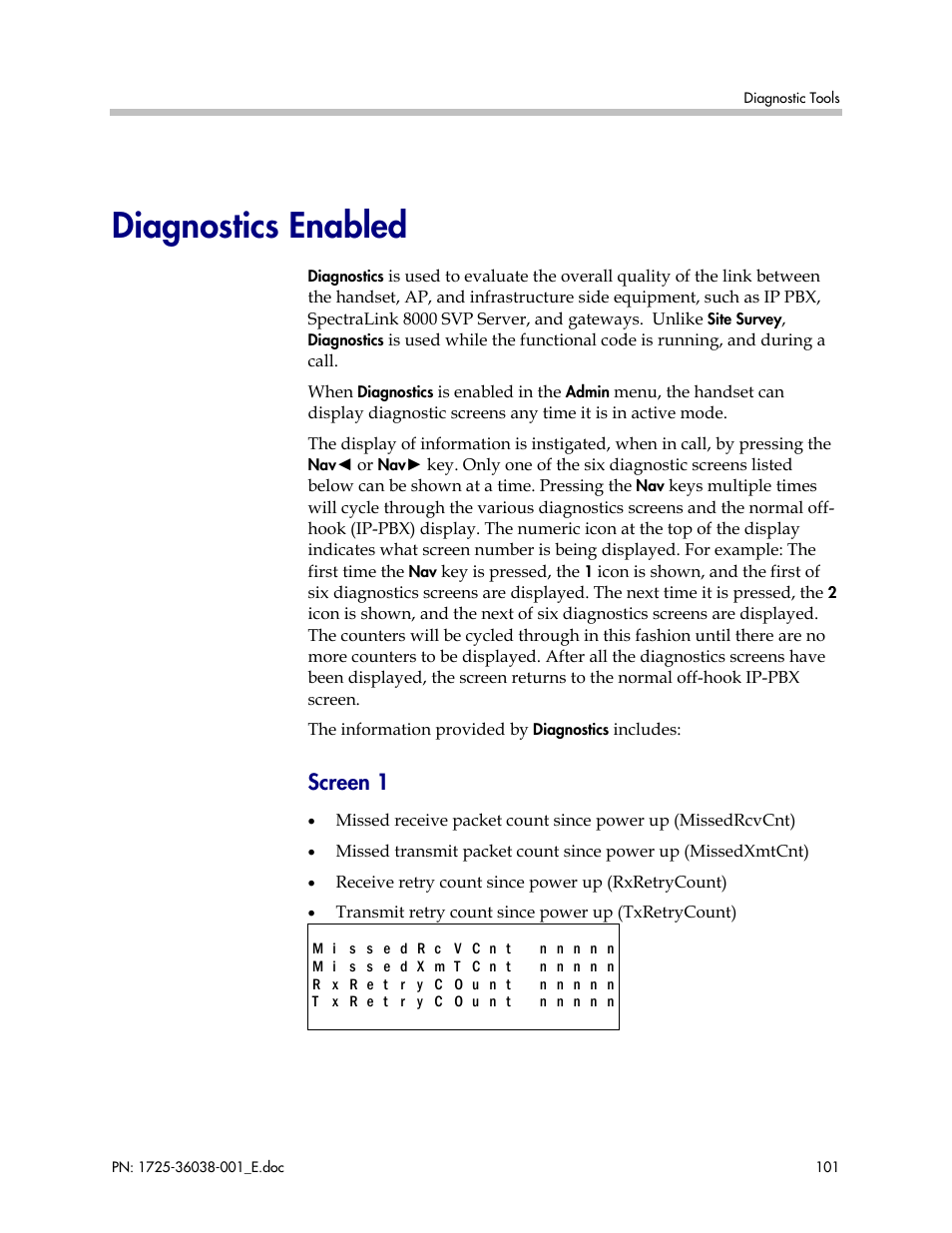 Diagnostics enabled, Screen 1 | Polycom SpectraLink 8030 User Manual | Page 101 / 131