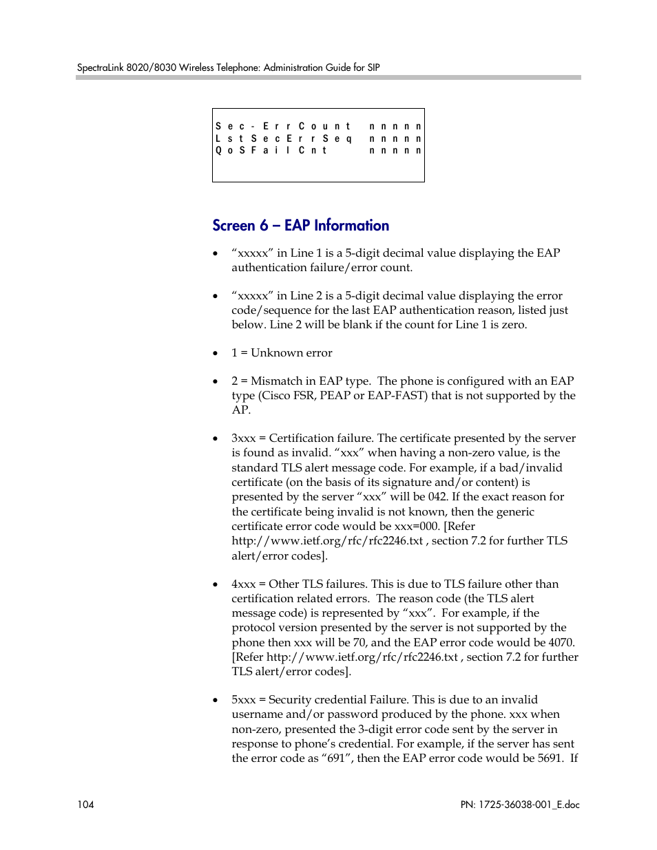 Screen 6 – eap information | Polycom SpectraLink 8030 User Manual | Page 104 / 131