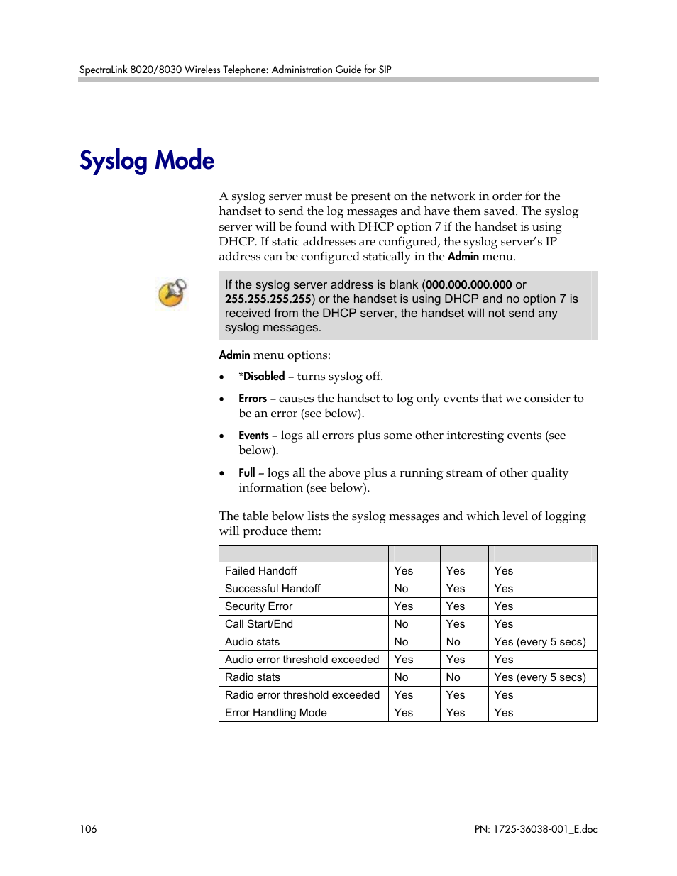 Syslog mode | Polycom SpectraLink 8030 User Manual | Page 106 / 131