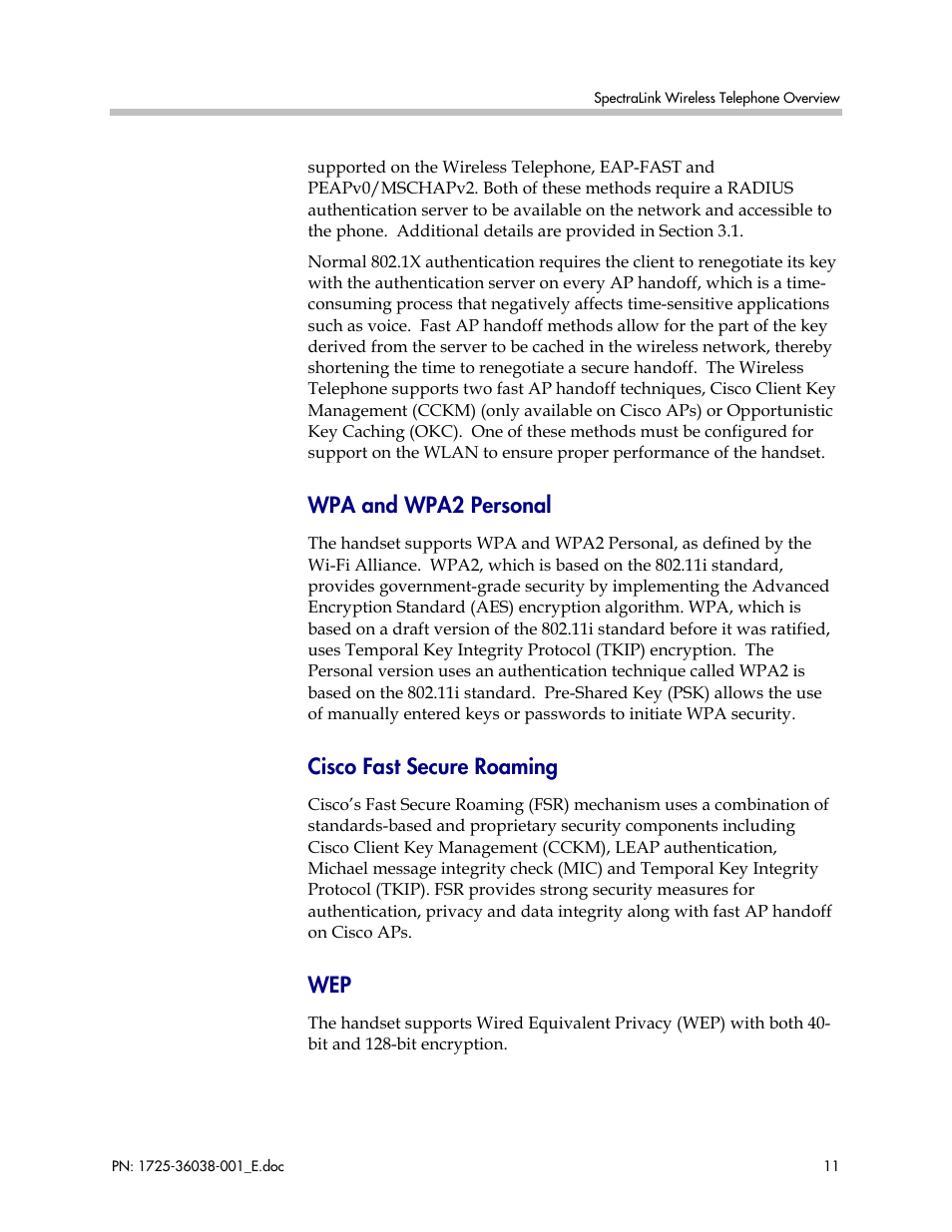 Wpa and wpa2 personal, Cisco fast secure roaming | Polycom SpectraLink 8030 User Manual | Page 11 / 131