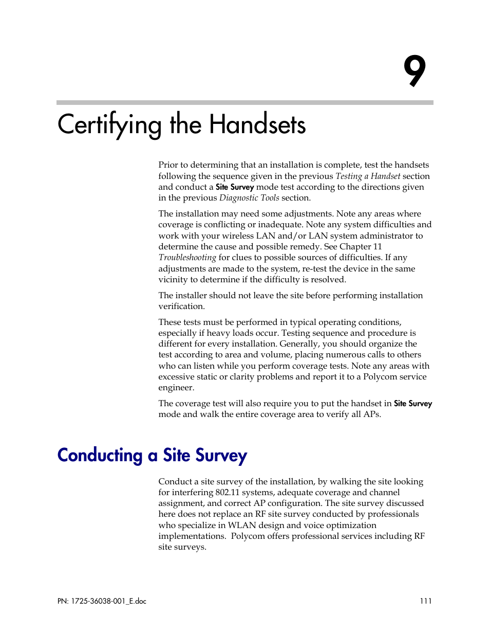 Certifying the handsets, Conducting a site survey | Polycom SpectraLink 8030 User Manual | Page 111 / 131