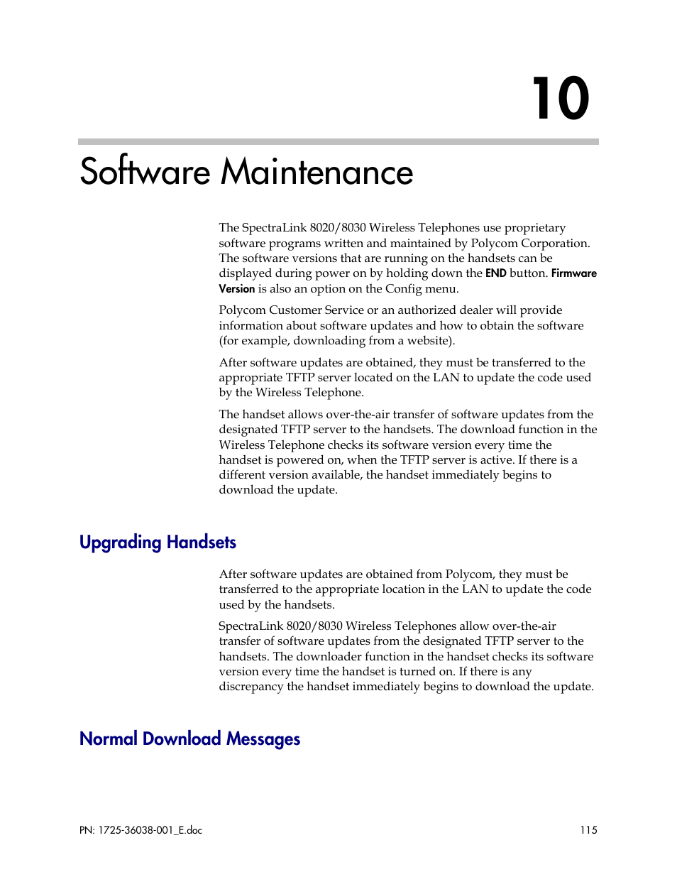 Software maintenance, Upgrading handsets, Normal download messages | Upgrading handsets normal download messages | Polycom SpectraLink 8030 User Manual | Page 115 / 131