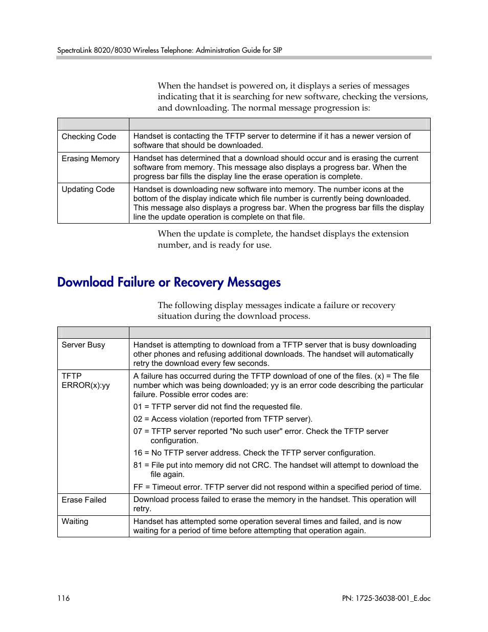 Download failure or recovery messages | Polycom SpectraLink 8030 User Manual | Page 116 / 131