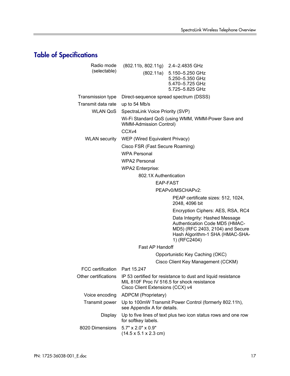 Table of specifications | Polycom SpectraLink 8030 User Manual | Page 17 / 131