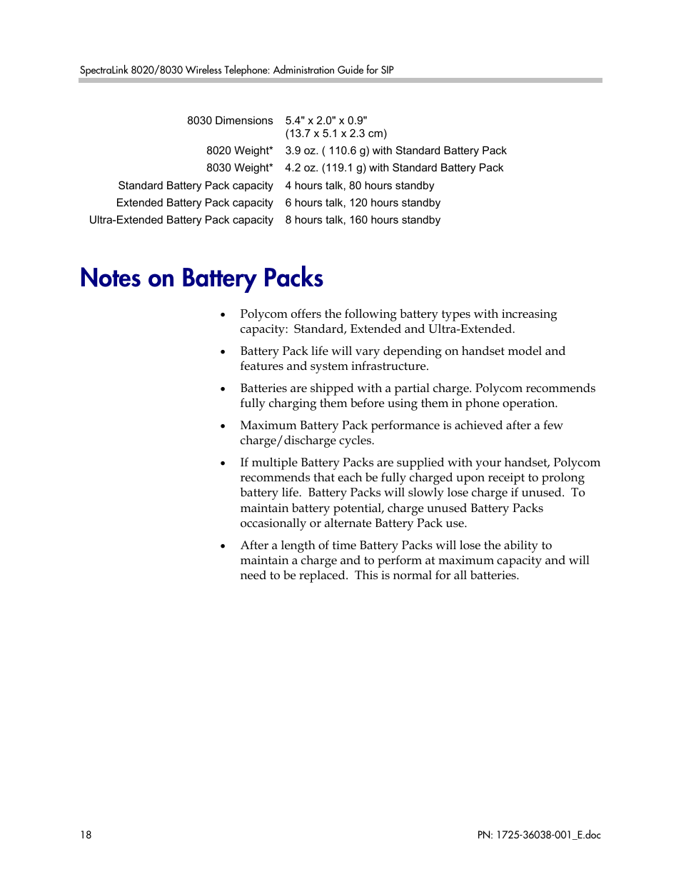 Notes on battery packs | Polycom SpectraLink 8030 User Manual | Page 18 / 131