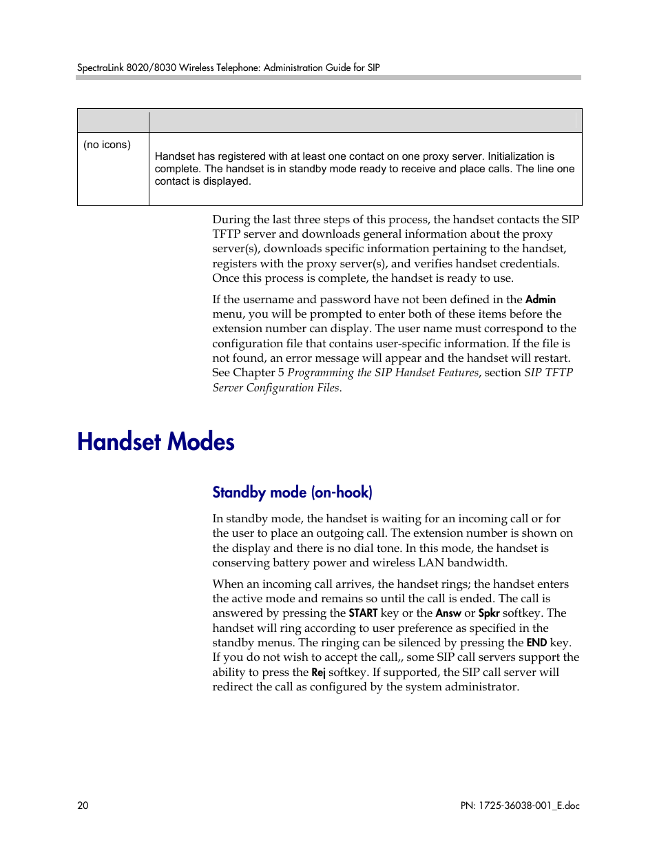 Handset modes, Standby mode (on-hook) | Polycom SpectraLink 8030 User Manual | Page 20 / 131