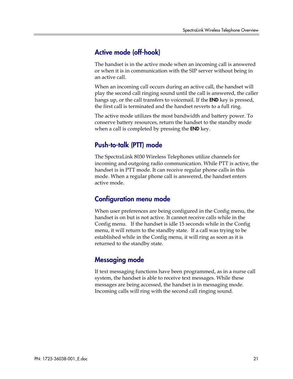 Active mode (off-hook), Push-to-talk (ptt) mode, Configuration menu mode | Messaging mode | Polycom SpectraLink 8030 User Manual | Page 21 / 131