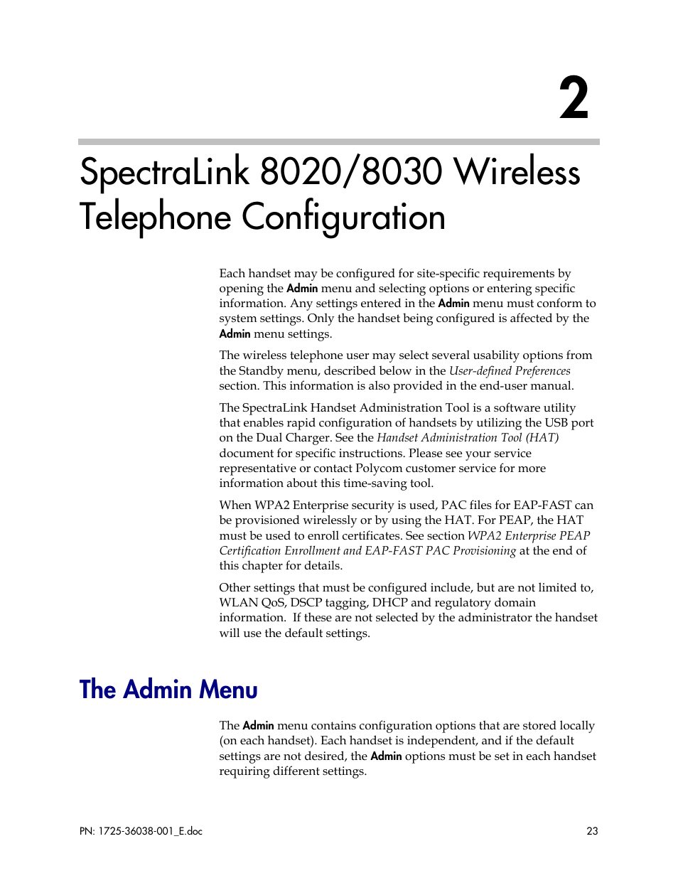 The admin menu | Polycom SpectraLink 8030 User Manual | Page 23 / 131