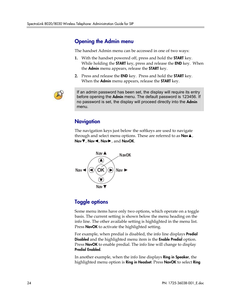 Opening the admin menu, Navigation, Toggle options | Polycom SpectraLink 8030 User Manual | Page 24 / 131