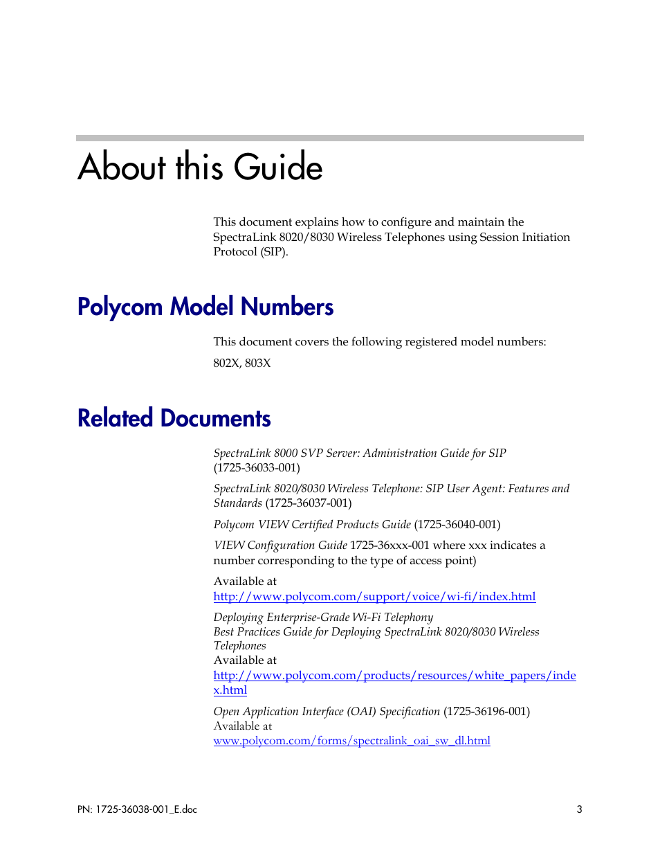 About this guide, Polycom model numbers, Related documents | Polycom SpectraLink 8030 User Manual | Page 3 / 131