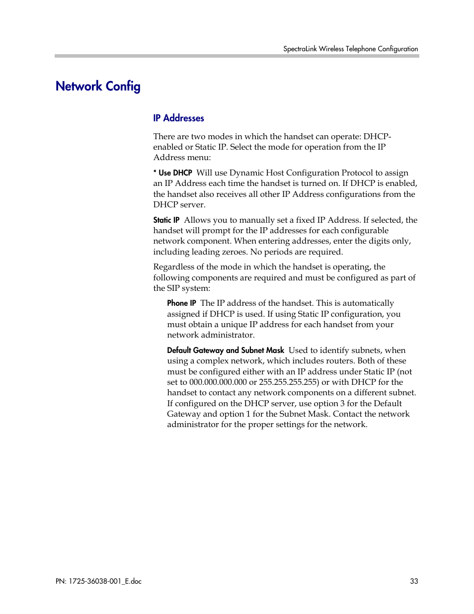 Network config | Polycom SpectraLink 8030 User Manual | Page 33 / 131