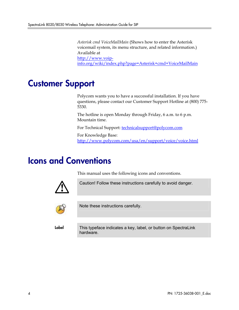 Customer support, Icons and conventions | Polycom SpectraLink 8030 User Manual | Page 4 / 131