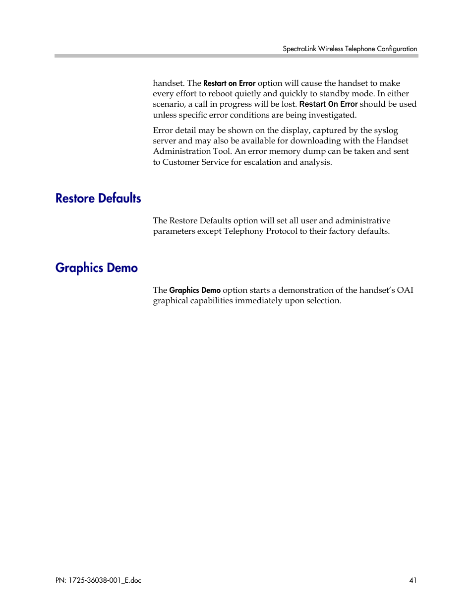Restore defaults, Graphics demo, Restore defaults graphics demo | Polycom SpectraLink 8030 User Manual | Page 41 / 131