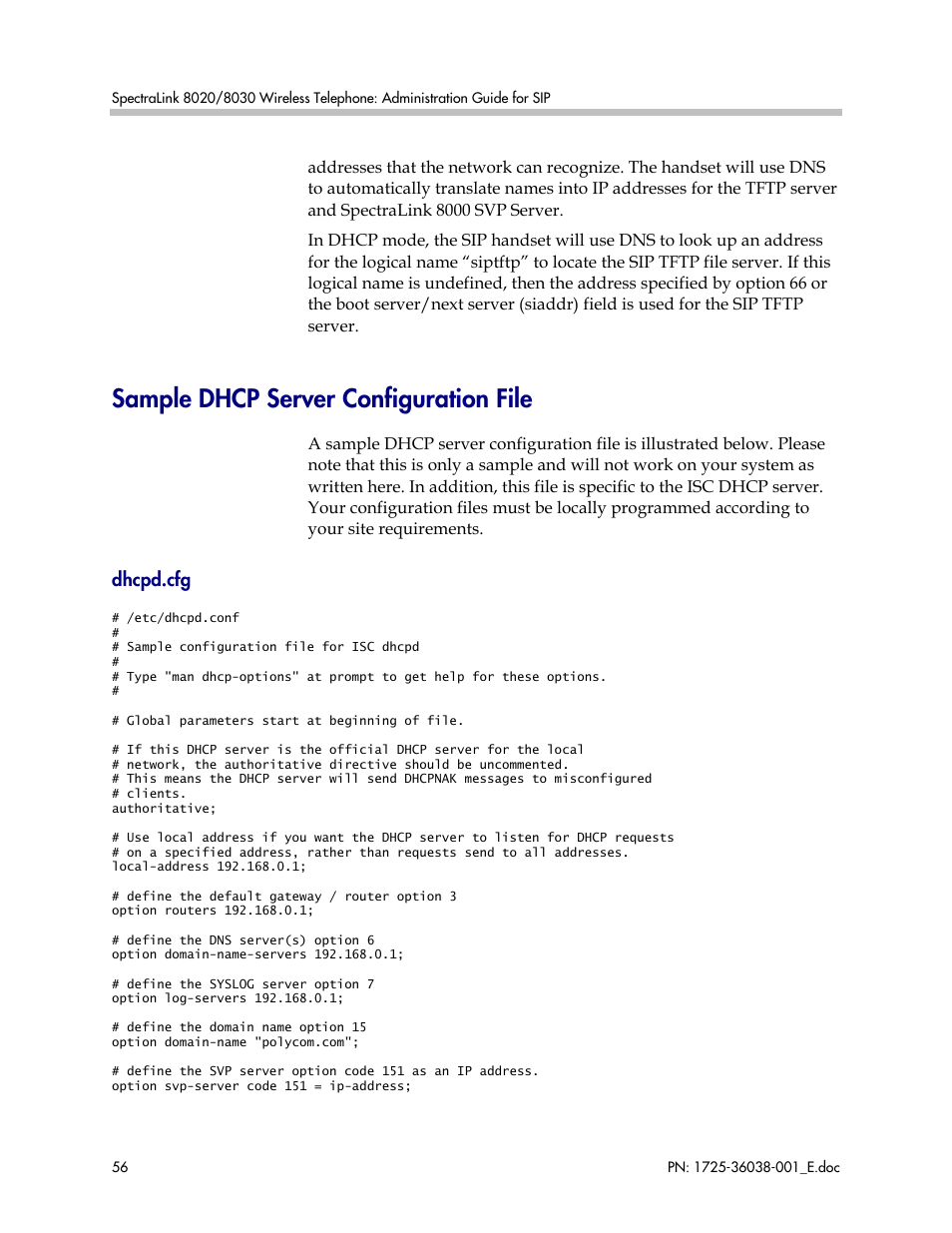 Sample dhcp server configuration file | Polycom SpectraLink 8030 User Manual | Page 56 / 131