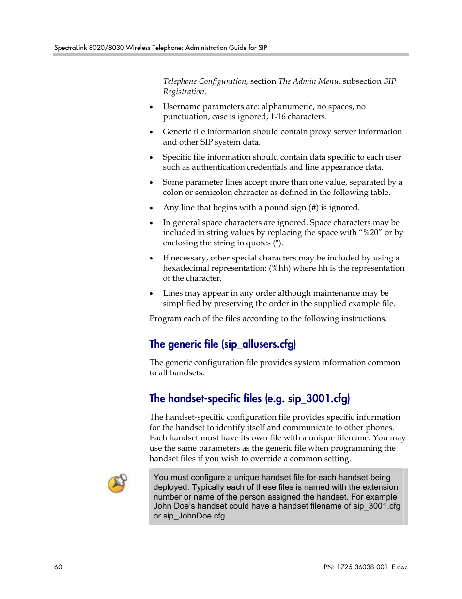 The generic file (sip_allusers.cfg), The handset-specific files (e.g. sip_3001.cfg) | Polycom SpectraLink 8030 User Manual | Page 60 / 131