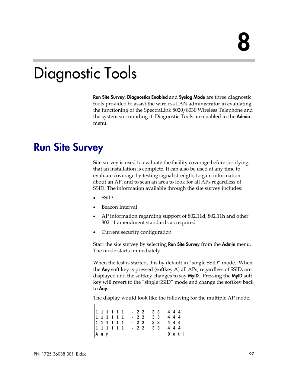 Diagnostic tools, Run site survey | Polycom SpectraLink 8030 User Manual | Page 97 / 131