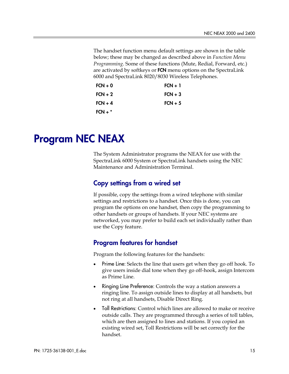 Program nec neax, Copy settings from a wired set, Program features for handset | Polycom 2000 User Manual | Page 15 / 17