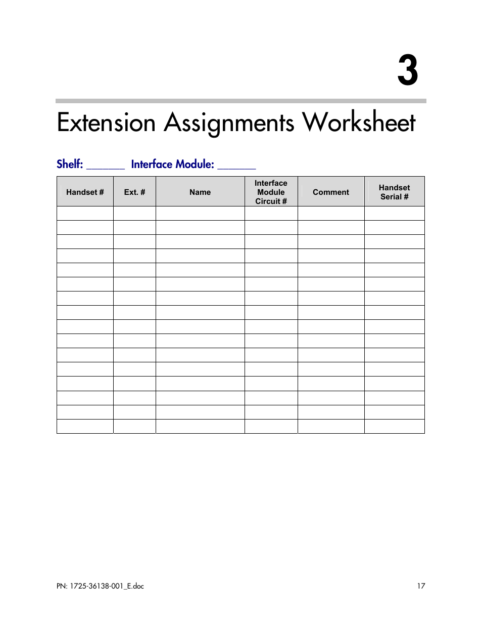 Extension assignments worksheet, Shelf: _______ interface module | Polycom 2000 User Manual | Page 17 / 17