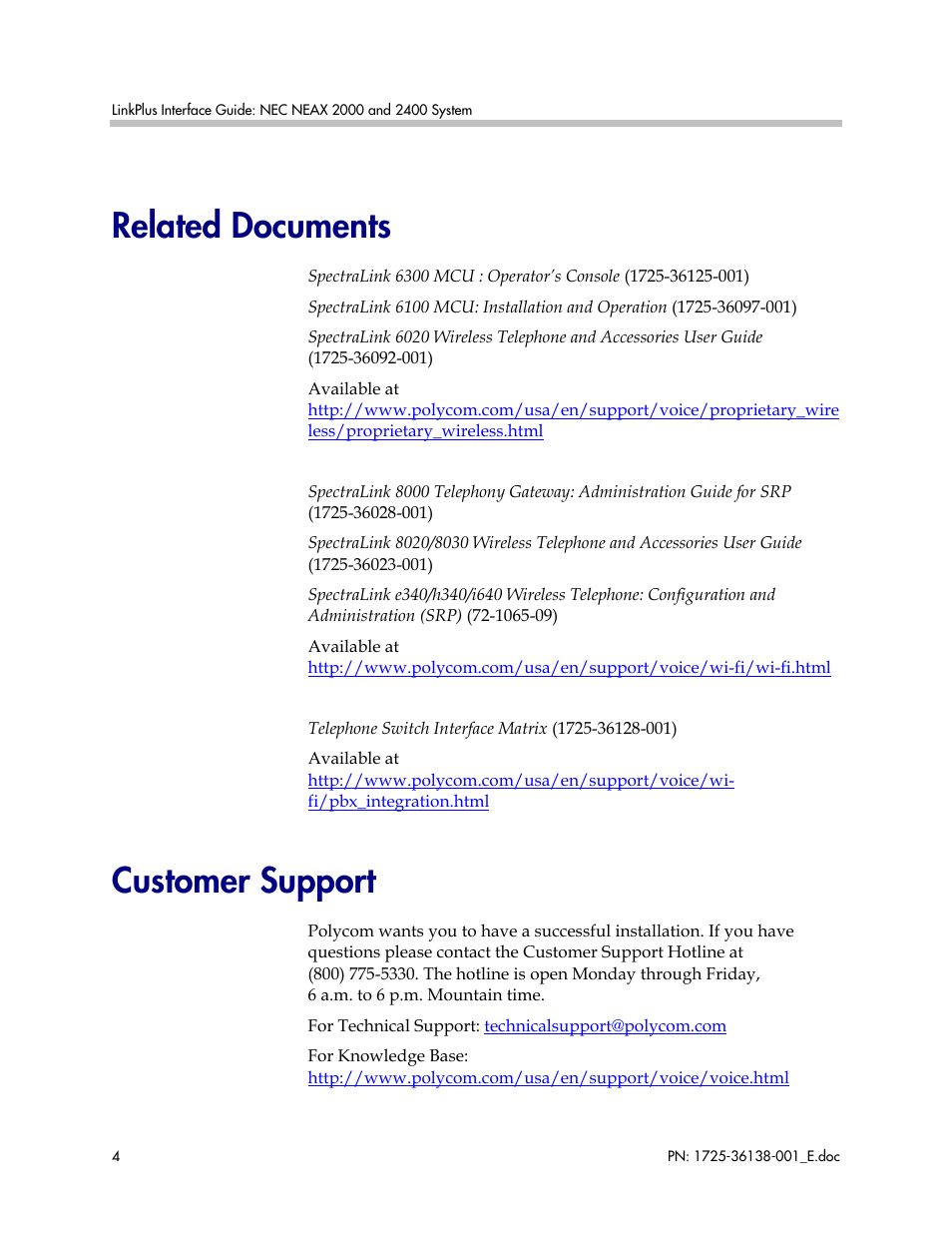 Related documents, Customer support | Polycom 2000 User Manual | Page 4 / 17