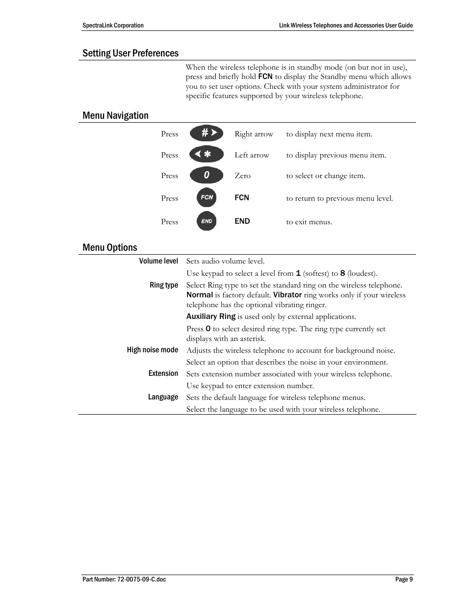 Setting user preferences, Menu navigation, Menu options | Polycom SpectraLink PTC400 User Manual | Page 10 / 25
