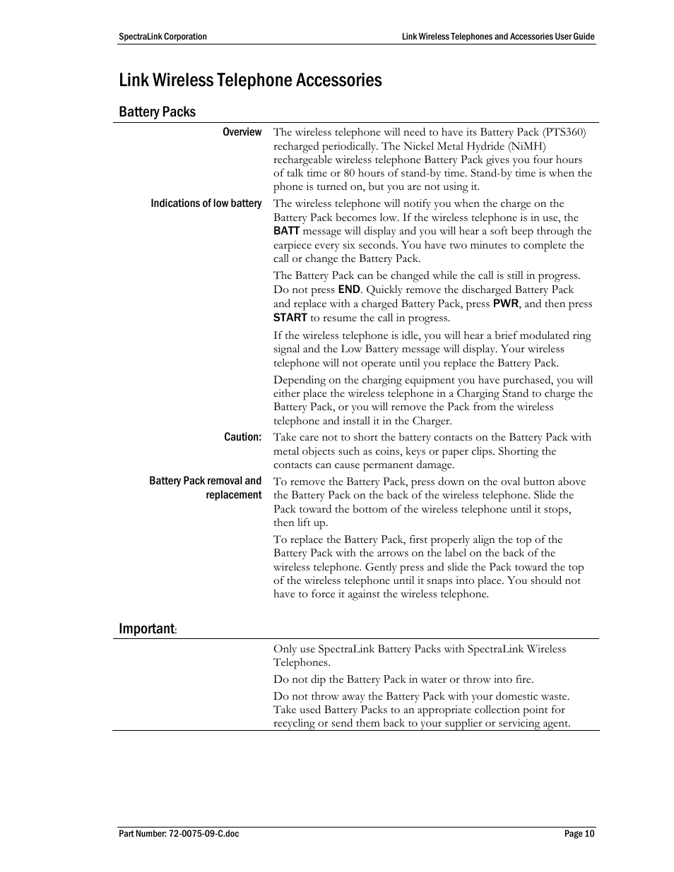 Link wireless telephone accessories, Battery packs, Important | Polycom SpectraLink PTC400 User Manual | Page 11 / 25