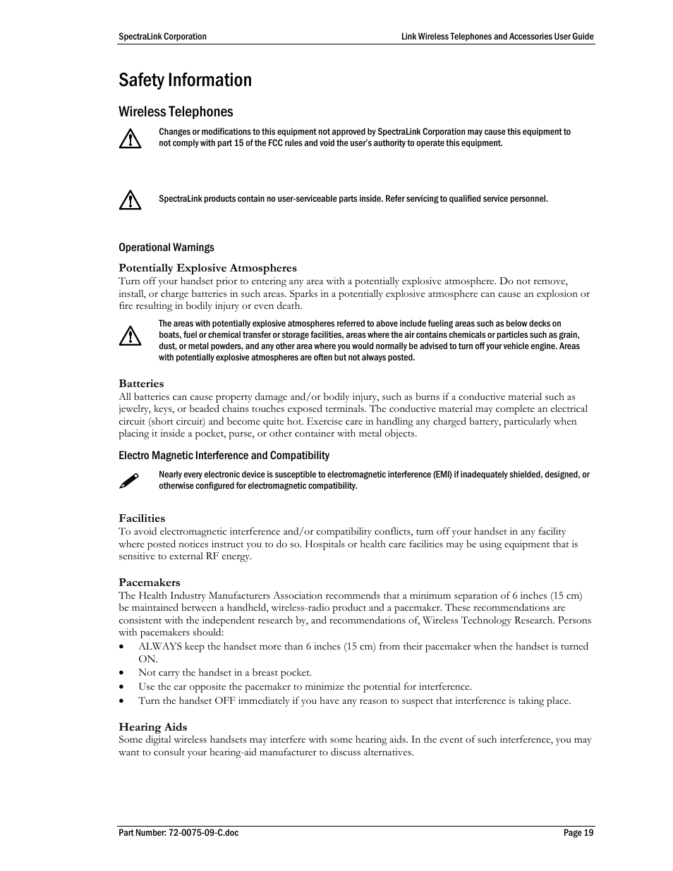 Safety information, Wireless telephones | Polycom SpectraLink PTC400 User Manual | Page 20 / 25