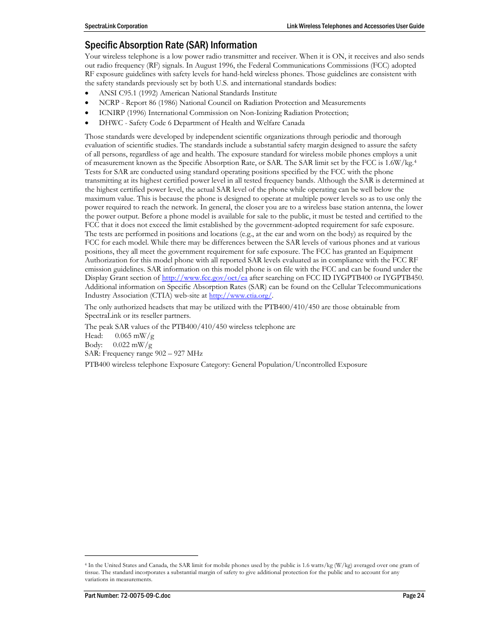 Specific absorption rate (sar) information | Polycom SpectraLink PTC400 User Manual | Page 25 / 25