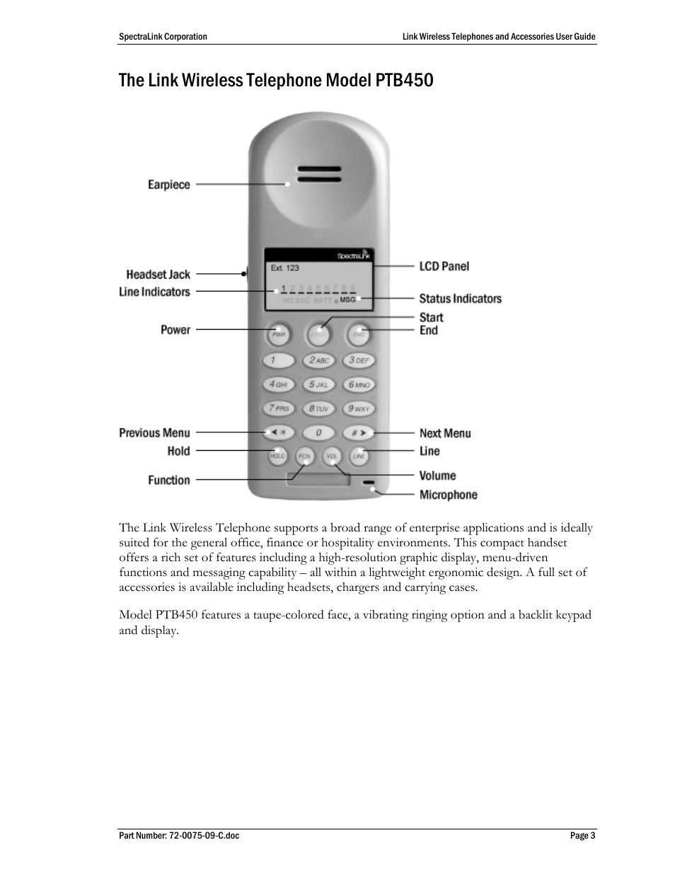 The link wireless telephone model ptb450 | Polycom SpectraLink PTC400 User Manual | Page 4 / 25