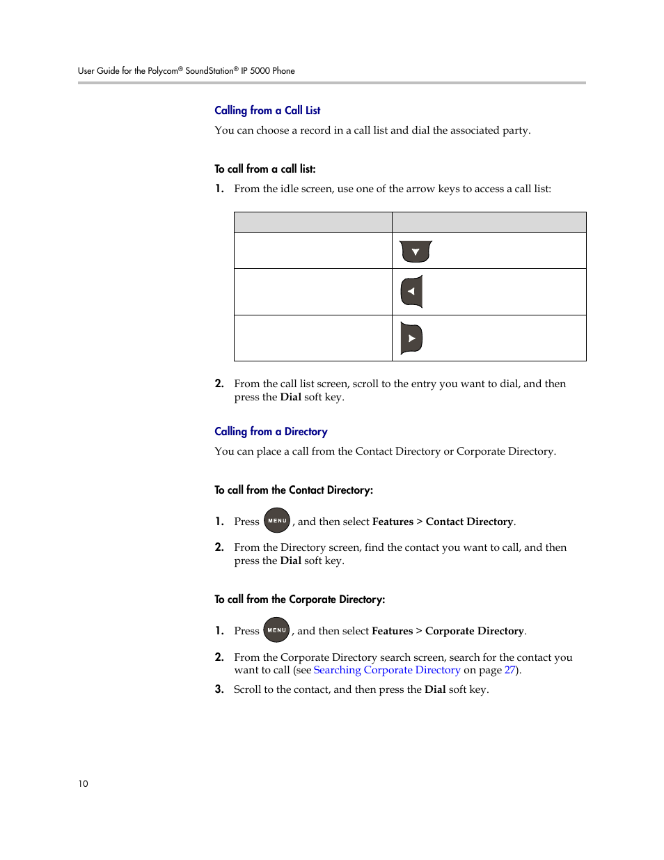 Calling from a call list, Calling from a directory, Calling from a call list calling from a directory | Polycom SoundStation IP 5000 User Manual | Page 14 / 54
