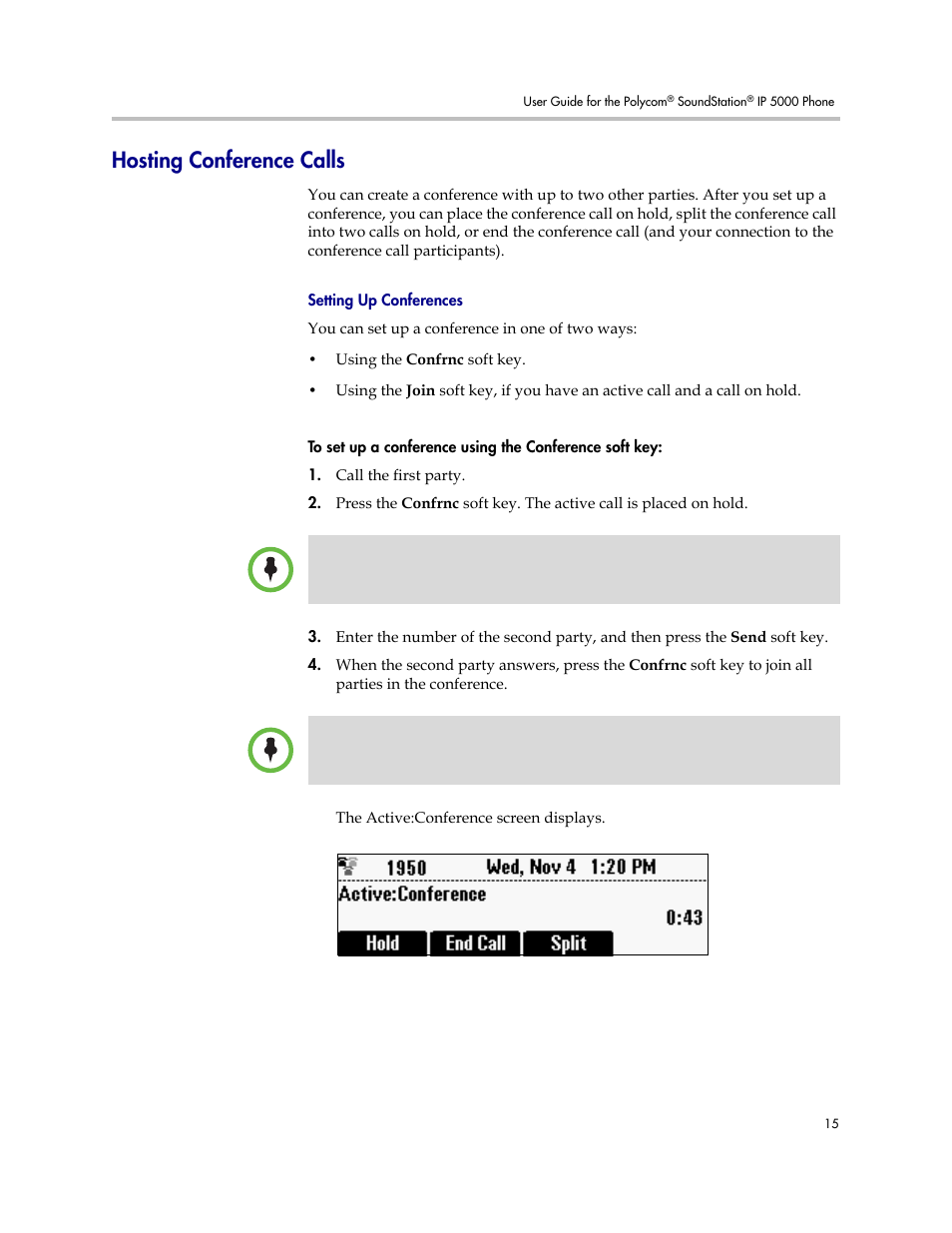 Hosting conference calls, Setting up conferences | Polycom SoundStation IP 5000 User Manual | Page 19 / 54