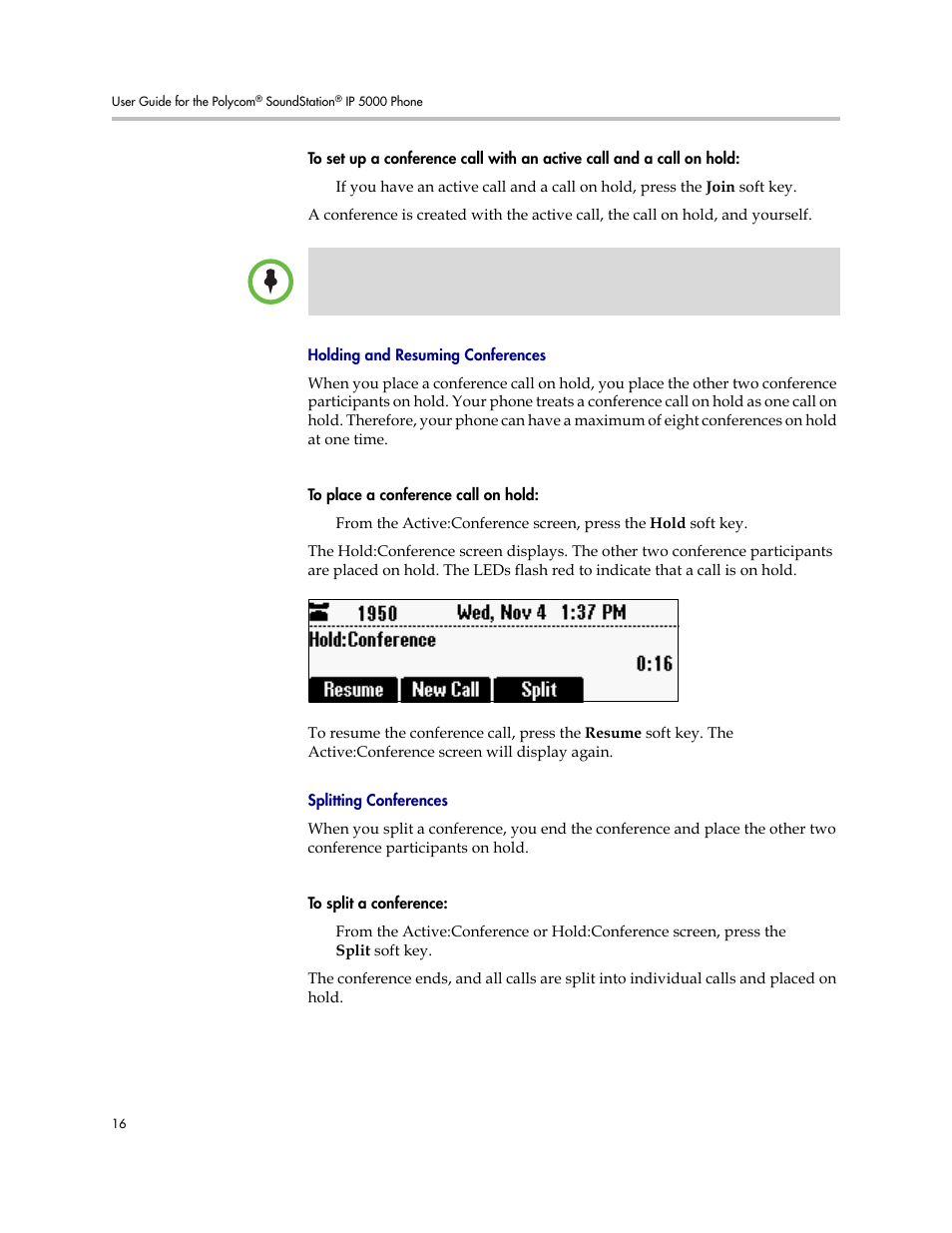 Holding and resuming conferences, Splitting conferences | Polycom SoundStation IP 5000 User Manual | Page 20 / 54