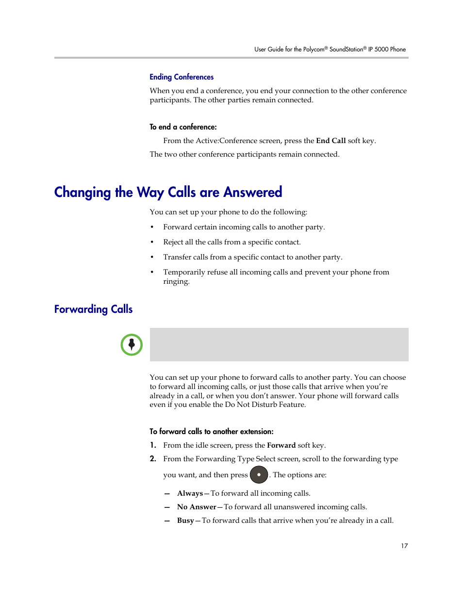 Ending conferences, Changing the way calls are answered, Forwarding calls | Polycom SoundStation IP 5000 User Manual | Page 21 / 54