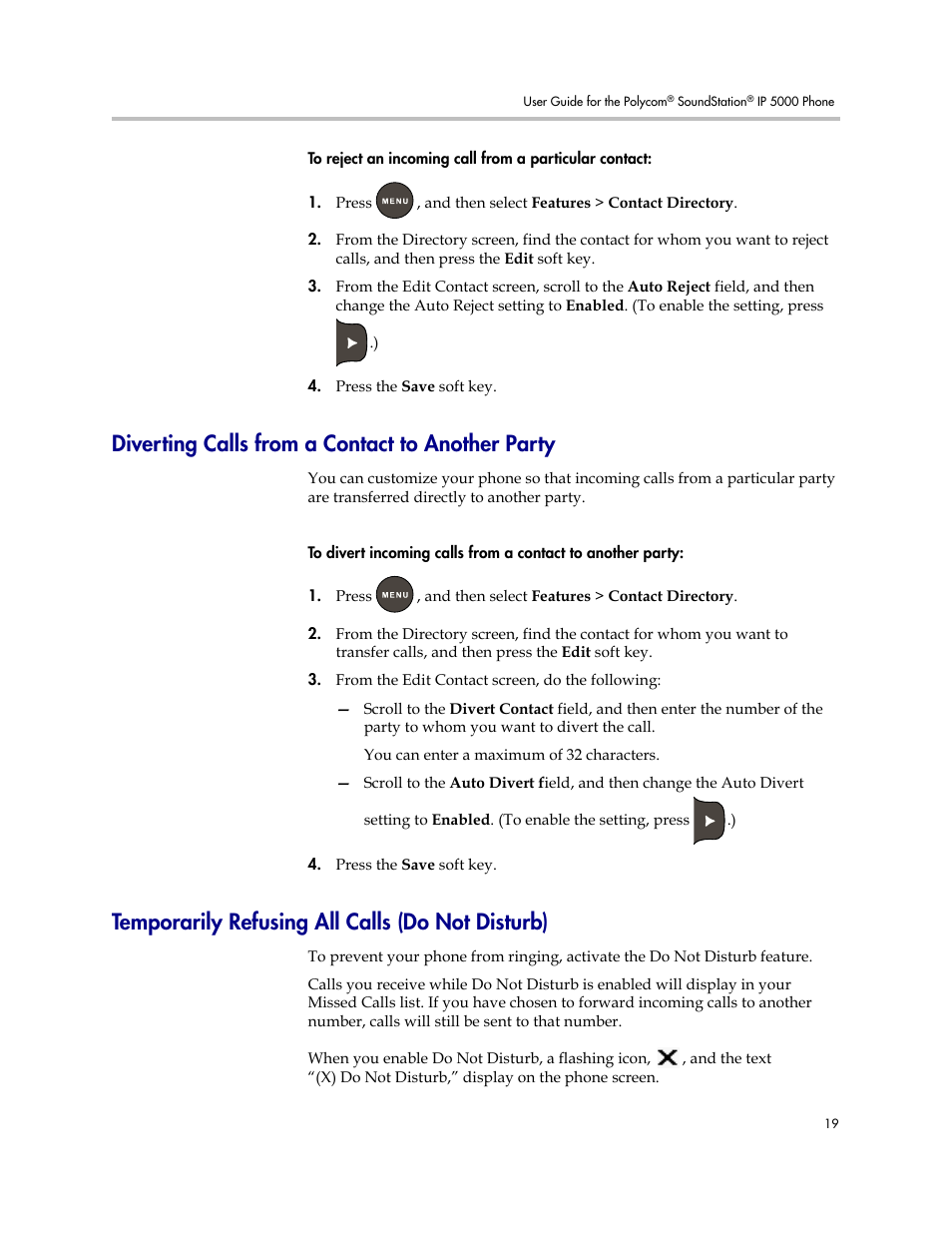 Diverting calls from a contact to another party, Temporarily refusing all calls (do not disturb) | Polycom SoundStation IP 5000 User Manual | Page 23 / 54