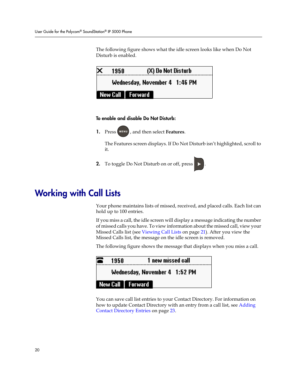 Working with call lists | Polycom SoundStation IP 5000 User Manual | Page 24 / 54