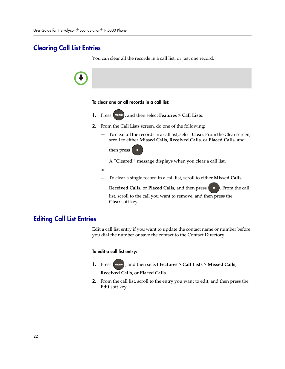 Clearing call list entries, Editing call list entries | Polycom SoundStation IP 5000 User Manual | Page 26 / 54