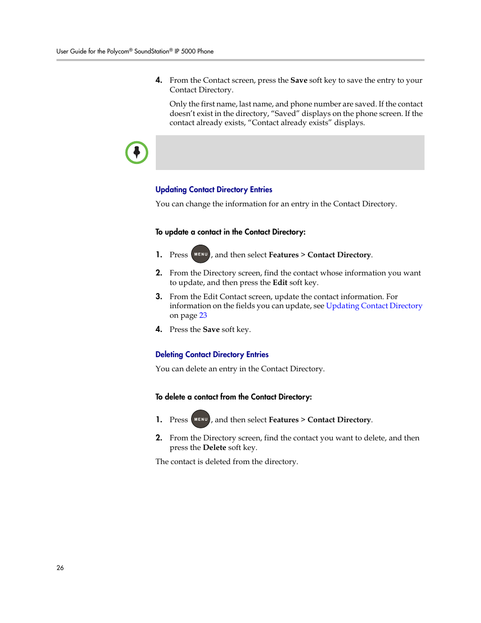 Updating contact directory entries, Deleting contact directory entries | Polycom SoundStation IP 5000 User Manual | Page 30 / 54