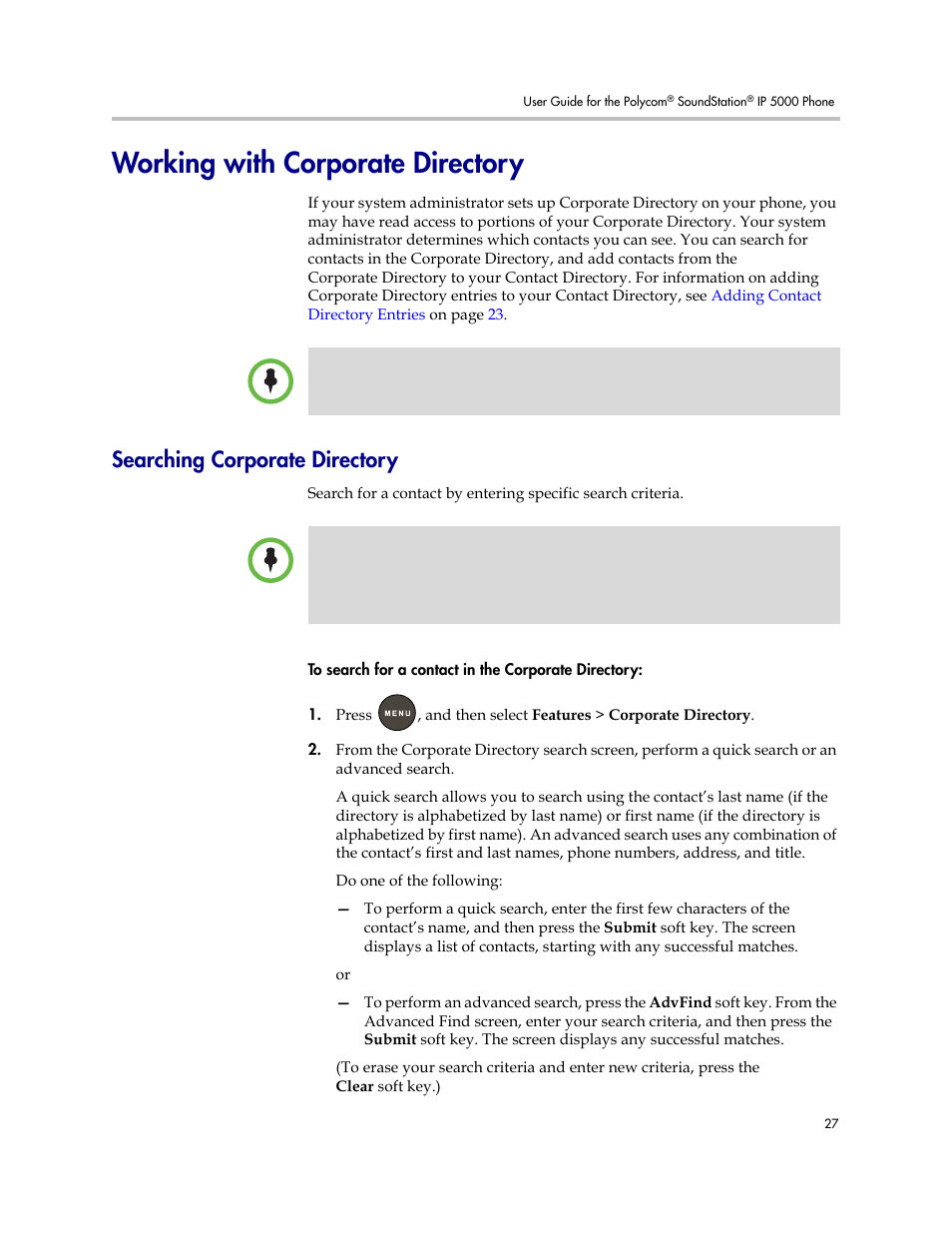 Working with corporate directory, Searching corporate directory | Polycom SoundStation IP 5000 User Manual | Page 31 / 54